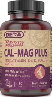 DEVA Cal MAG Plus tablets close-up, showing small, easy-to-swallow pills for daily bone support.