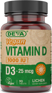 DEVA vegan D3 1000 IU tablet close-up, small and easy to swallow for daily use.