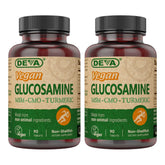 DEVA vegan glucosamine MSM CMO turmeric bottle label showing plant based nutrition.
