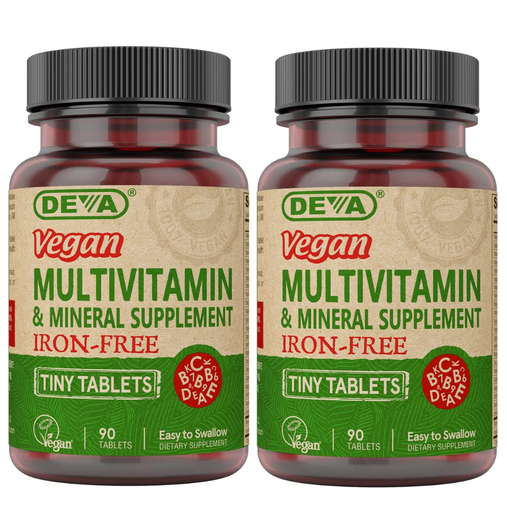 DEVA vegan iron-free multivitamin 2-pack label highlights vegan nutrients for daily wellness