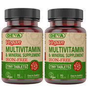 DEVA vegan iron-free multivitamin 2-pack label highlights vegan nutrients for daily wellness