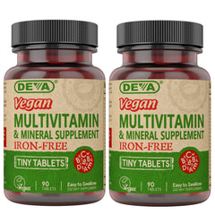 DEVA vegan iron-free multivitamin 2-pack label highlights vegan nutrients for daily wellness