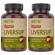 DEVA Vegan Liver Support tablets front label highlights the 20-herb blend for daily wellness.