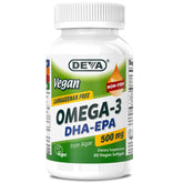 DEVA Vegan Omega-3 bottle with algae-based DHA and EPA for plant-based nutrition.
