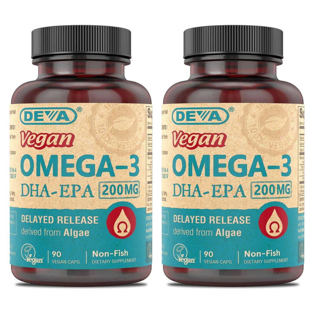 DEVA vegan Omega-3 DHA-EPA bottle with delayed-release capsules reducing aftertaste