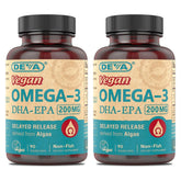 DEVA vegan Omega-3 DHA-EPA bottle with delayed-release capsules reducing aftertaste