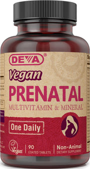 DEVA vegan prenatal bottle front displays a trusted daily supplement for expectant wellness.