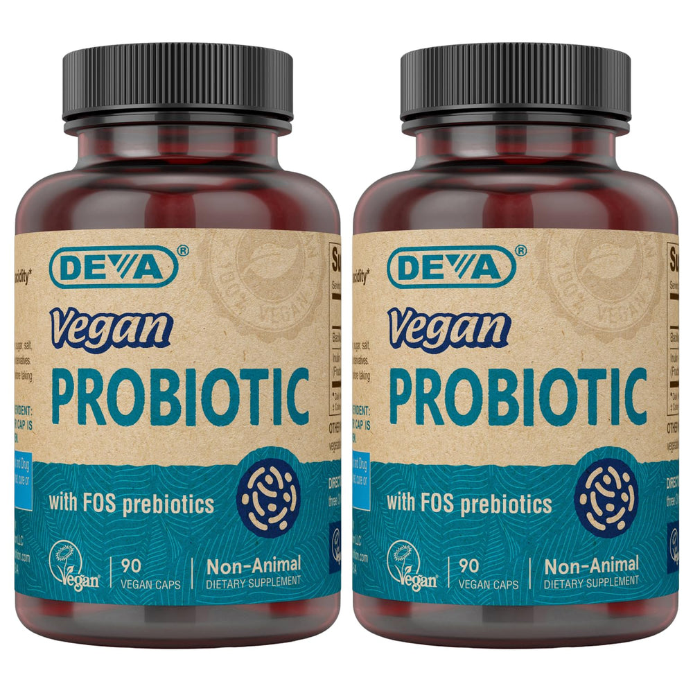 DEVA vegan probiotic bottle front highlighting vegan formula and 2B CFU.