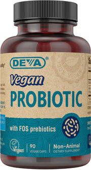 DEVA Vegan Probiotic bottle front with shelf-stable, vegan-friendly formula for everyday gut support.