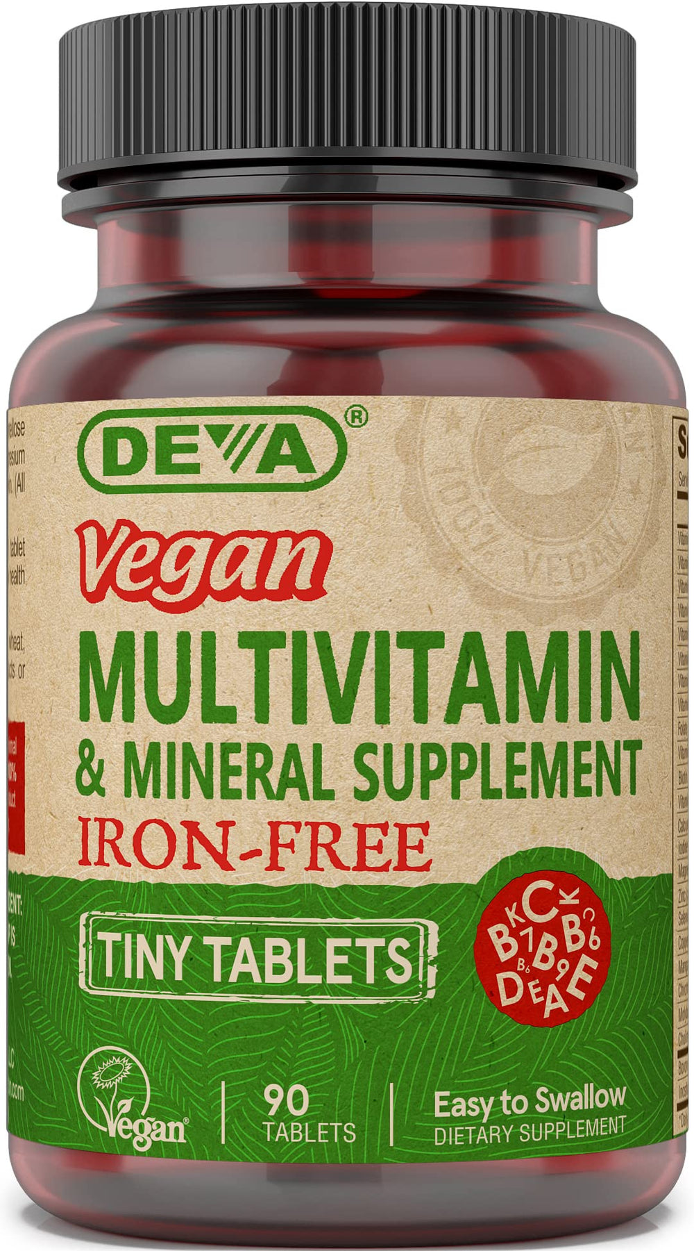DEVA vegan tiny tablets bottle front shows compact, vegan nutrition for daily support.