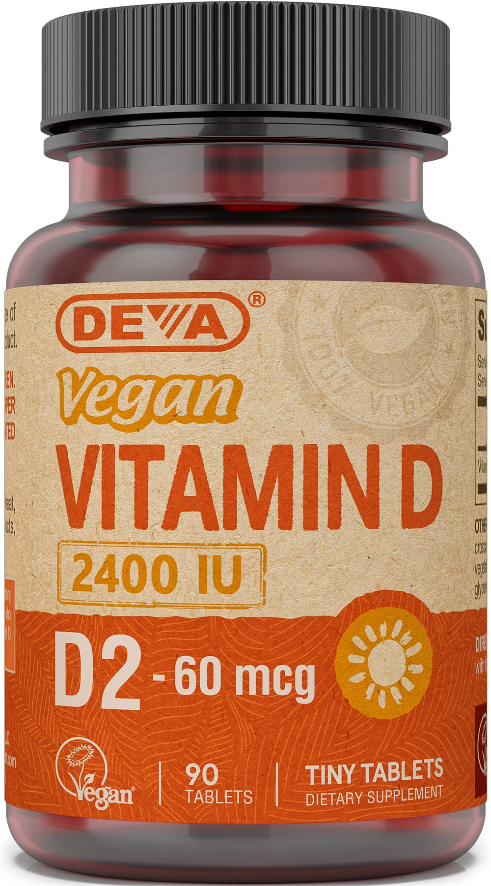 DEVA vegan Vitamin D2 2400 IU bottle shows high potency for daily use.