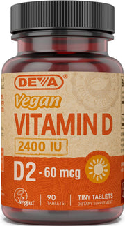 DEVA vegan Vitamin D2 2400 IU bottle shows high potency for daily use.