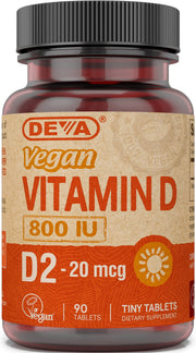DEVA vegan Vitamin D2 800 IU tablets in a bottle for daily support.