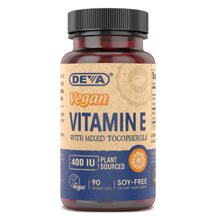 DEVA vegan vitamin E 400IU bottle with mixed tocopherols for daily antioxidant support.