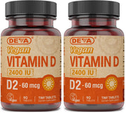 DEVA Vitamin D2 bottle pouring, 2400 IU, vegan daily supplement