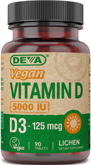 DEVA Vitamin D3 5000 IU bottle showing vegan lichen-based D3 for daily supplementation