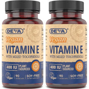 DEVA Vitamin E 400IU bottle showing plant-based tocopherols from sunflowers for daily support