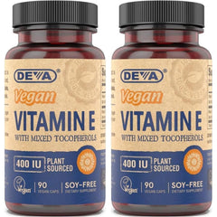 DEVA Vitamin E 400IU bottle showing plant-based tocopherols from sunflowers for daily support