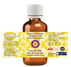 Close-up of Deve Herbes Cardamom Oil label on an amber bottle.