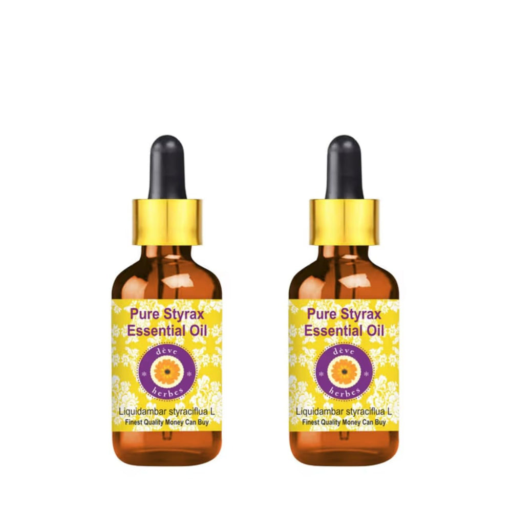 Deve Herbes Styrax essential oil bottle with dropper for lightweight skin care.