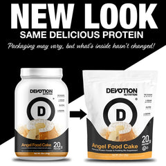 Devotion Nutrition scoop beside Angel Food Cake powder for easy portions.