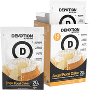 Devotion Nutrition Angel Food Cake protein powder tub showing gluten-free keto-friendly formula