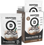 Devotion Nutrition Mocha Java Chip protein tub highlighting gluten-free, keto-friendly formulation.