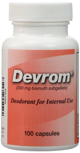 Devrom 200mg capsules bottle front showing lactose-free internal deodorant for ostomy users