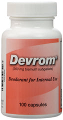 Devrom 200mg capsules bottle front showing lactose-free internal deodorant for ostomy users