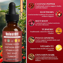 DFTLUUE Velestoff Cayenne Pepper beetroot liquid highlights earthy extract for daily vitality.