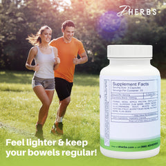 Dherbs Intestinal Cleanser capsules spilled from bottle for convenient daily use.