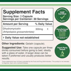 DHM Depot Dihydromyricetin capsules closeup highlighting dosage per cap.