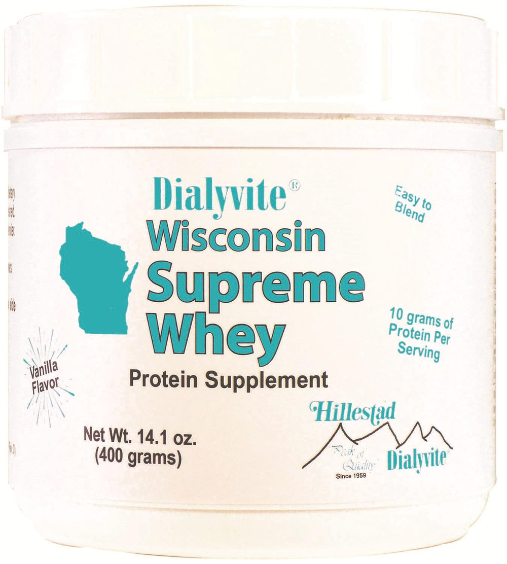 Dialyvite Wisconsin Supreme Whey bottle front for a quick protein boost