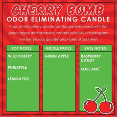 Dianne's Custom Candles Cherry Bomb fragrance swirl with wild cherry, lemon fizz, and green apple for aroma.
