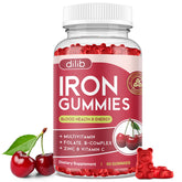 Dilib Iron Gummies bottle with cherry flavor and vegan formula for daily supplementation.