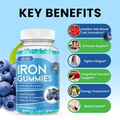Dilib iron gummies nutrition panel underscores balanced vitamins and minerals for daily wellness.