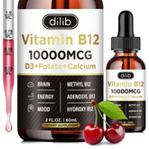 Dilib Vitamin B12 bottle pouring triple-liquid drops for quick sublingual intake.