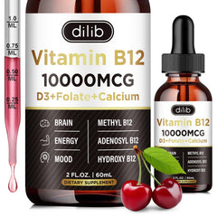 Dilib Vitamin B12 bottle pouring triple-liquid drops for quick sublingual intake.