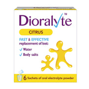 Dioralyte Citrus sachets pack on a clean surface for on-the-go hydration.