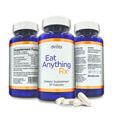 Dirobi Eat Anything bottle front shows a trusted digestive enzyme supplement for meal comfort.