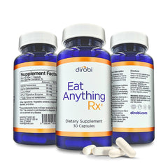 Dirobi Eat Anything bottle front shows a trusted digestive enzyme supplement for meal comfort.