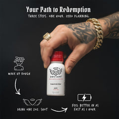 DIRTY SAINT Hangover Shot pour image highlighting electrolyte and vitamin blend.