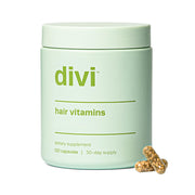 Divi Hair Vitamins bottle with clean label for healthy hair.