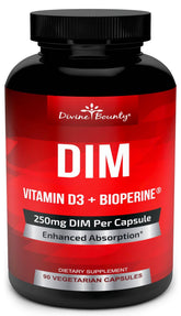 Divine Bounty DIM 250mg bottle showing potent DIM with D3 for daily support.