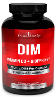 Divine Bounty DIM 250mg bottle showing potent DIM with D3 for daily support.