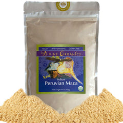 Divine Organics Maca Powder tub close-up shows premium organic quality for smoothies.