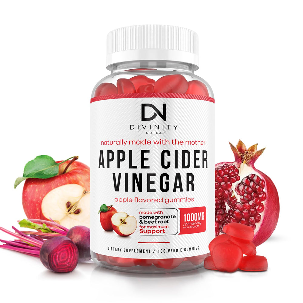 Divinity Nutra Apple Cider Vinegar Gummies bottle on table, highlighting daily detox potential.