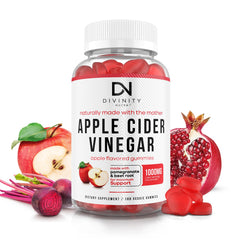 Divinity Nutra Apple Cider Vinegar Gummies bottle on table, highlighting daily detox potential.