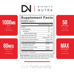 Divinity Nutra gummies packaging emphasizes vegan, non-GMO, gluten-free features.