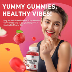 Divinity Nutra ACV gummies with Mother and beet/pomegranate ingredients for digestion support.